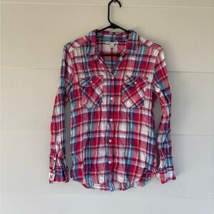 American Eagle Womens Small Plaid Shirt Button Up Boyfriend Fit Checkered Preppy